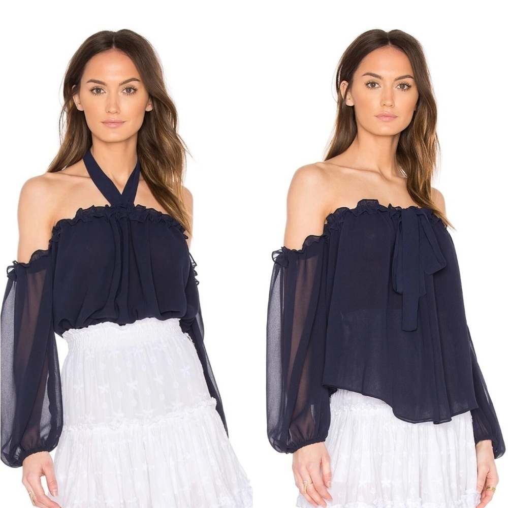 Misa LA Livey Off Shoulder Navy Ruffle Blouse Top Small